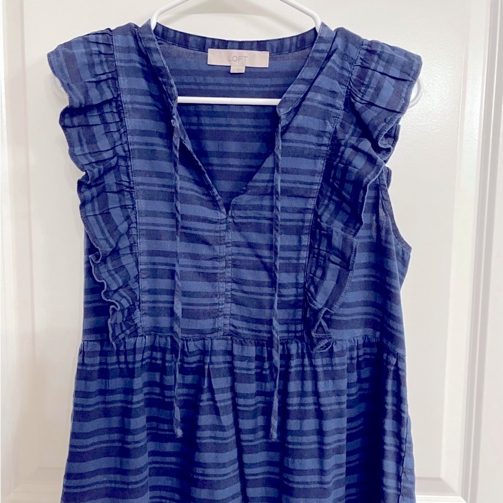 LOFT Blue Sleeveless Ruffled Tie Front Blouse